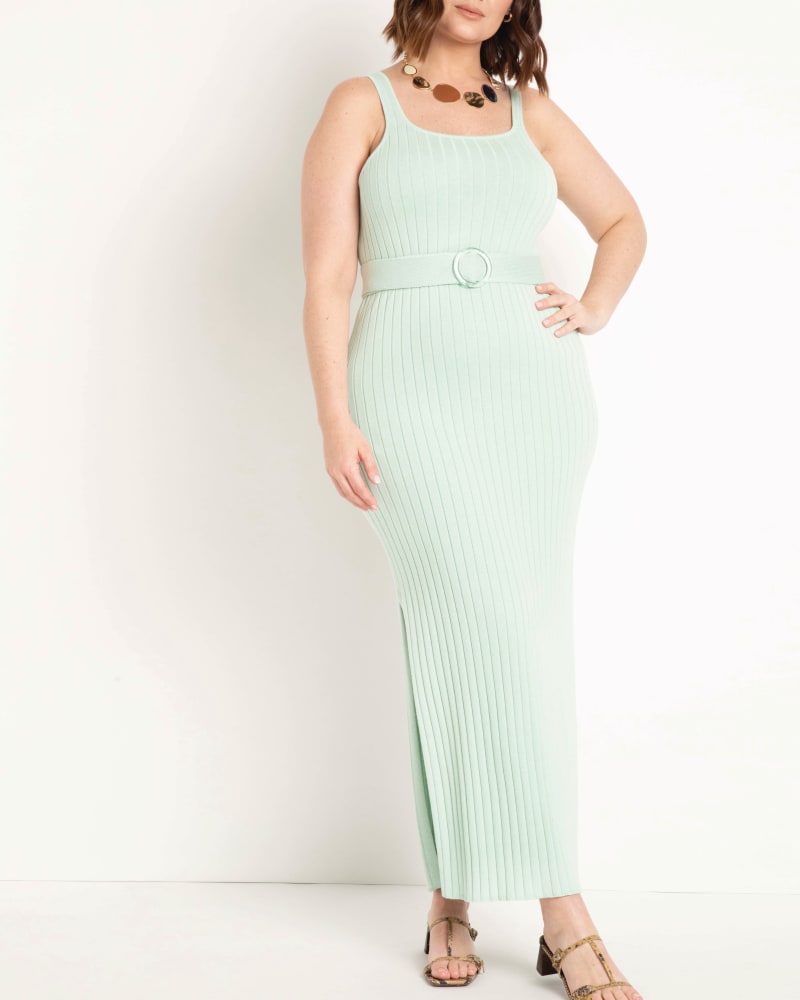 Front of a model wearing a size 14/16 Knitted Rib Maxi Dress With Belt in Aqua Foam by ELOQUII. | dia_product_style_image_id:206603